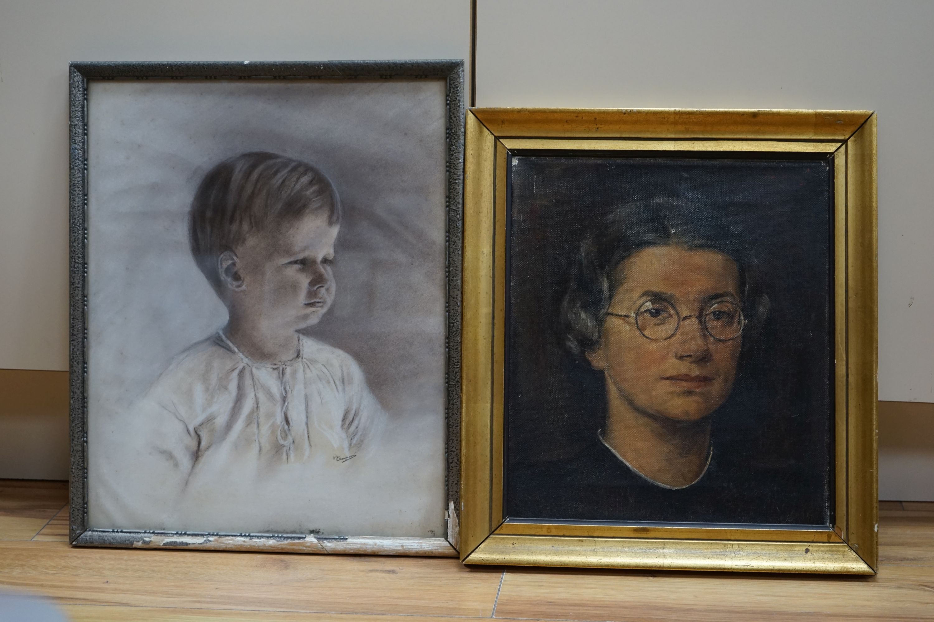 Dutch School (20th century), oil on canvas, Head and shoulder portrait of W. de Villeneuve Mees, indistinctly signed and dated 1938, 34 x 30cm and a chalk drawing of a young boy, signed 'Camponi' (2), 34 x 29cm